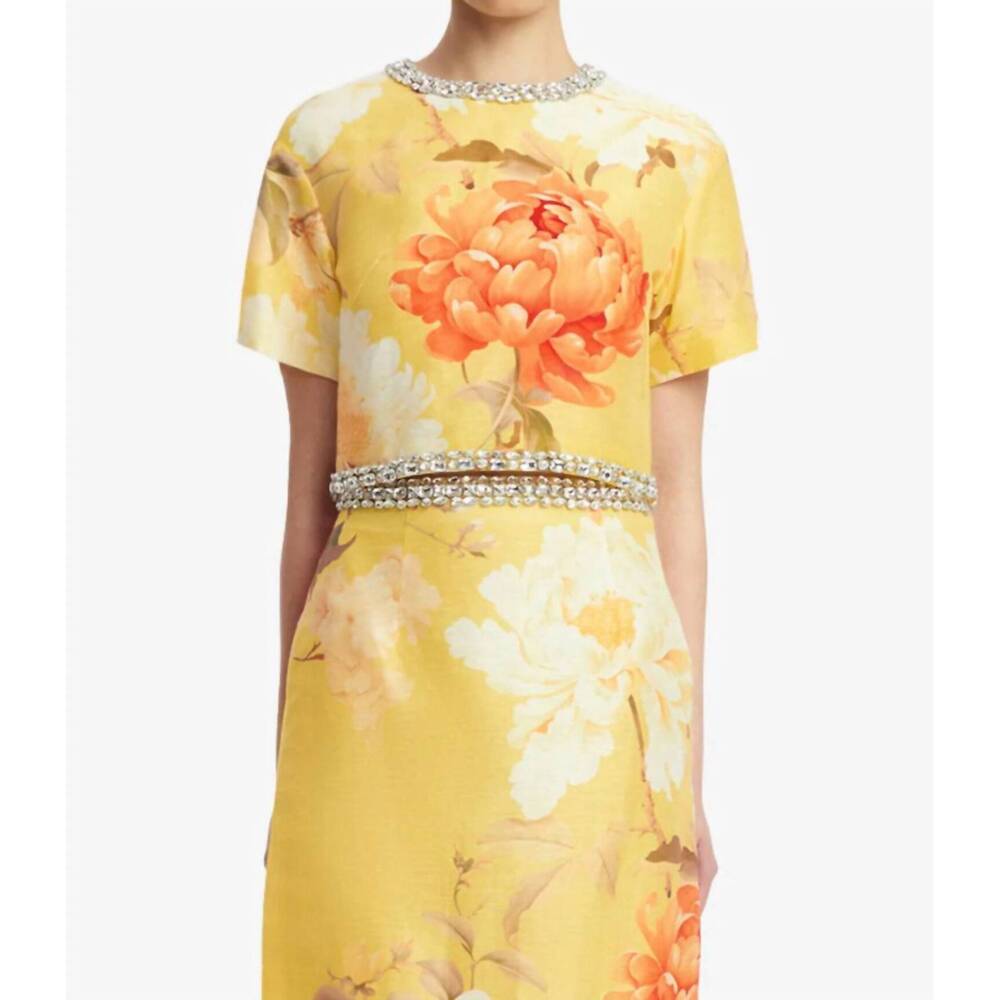 NEW LEO LIN indie embellished short sleeve top in yellow peony